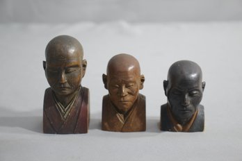 Three Vintage Carved Wooden Busts Of Asian Elders