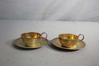Pair Of Antique Metal Teacups With Saucers