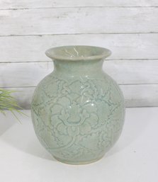 Celadon Glazed Vase  Embossed Floral Design  Chinese Style  10'H