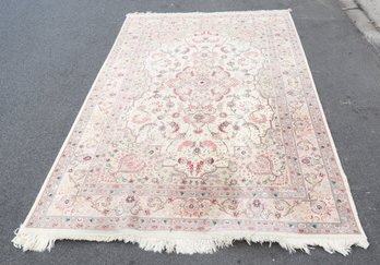 Large Persian Style Floral Area Rug With Fringe – Ivory, Pink & Green – 108" X 68"