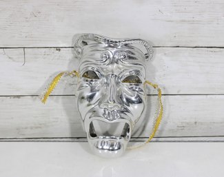 Vintage Chrome Theater Mask Wall Decor  Tragedy Style Face W/ Tassels, 7.5' X 4.5'