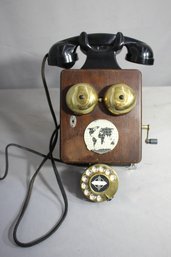 Antique Wall-Mounted Wooden Crank Telephone With Rotary Dial  Vintage Collectible
