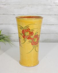 Vintage Hand Painted Floral Vase  Yellow Glazed Ceramic  Tall Decorative Vase  11H
