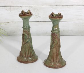 Pair Vintage Art Pottery Candlesticks  Green & Brown Relief Decor Candle Holders 8'