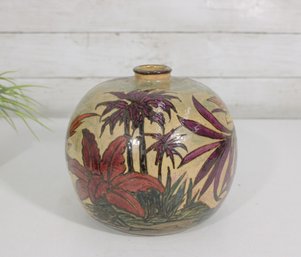 Vintage Hand Painted Ceramic Vase  Tropical Birds & Floral Design  Signed (Unreadable)  7'H
