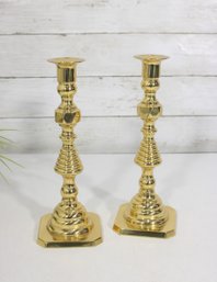 Pair Of Brass Candlesticks  Classic Turned Form Candle Holders, 10' Tall
