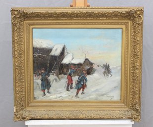 Signed Winter Village Scene With Figures  Oil On Canvas, Gilt Frame