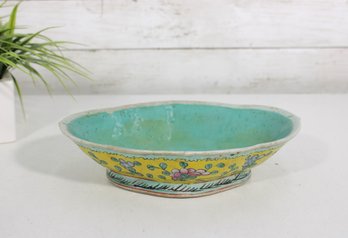 Vintage Chinese Hand Painted Porcelain Bowl  Yellow Floral Enamel Decorative Bowl 10'