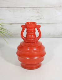 Vintage Orange Frosted Glass Beehive Bud Vase  Double Harp Handles Art Glass 6'