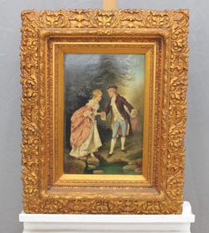 Signed Romantic Courtship Scene  Oil On Board, Ornate Gilt Frame