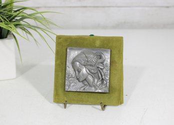 Vintage Pewter 3D Sculpture Of Young Woman  Framed Relief Plaque, 4' X 4'