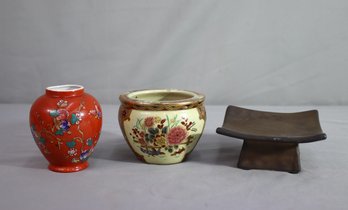 Small Fish Bowl Jardiniere Pot Planter-Orange Porcelain Ware Blue Floral Lidded Ginger Jar-candle Holder