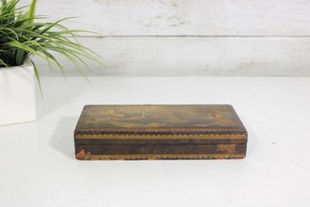 Vintage Hand Painted Wooden Trinket Box  Landscape Scene Hinged Box W/ Dividers 8'