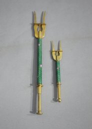 Two Antique Brass And Enamel  Pickle Forks