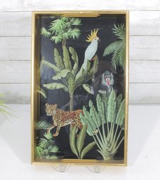 Vintage Lacquer & Gilt Serving Tray  Tropical Parrot Jungle Design  15.5 X 9.5