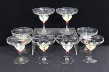 Set Of 8 Handblown Flower Stem Margarita Glasses  5'H