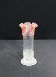 Vintage Art Glass Bud Vase With Ribbed Detail & Ruffled Pink Rim  5.5'H