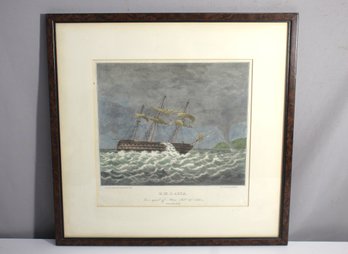 H.M.S. Asia In A Squall Off Attica, 1840 - Antique Hand-Colored Lithograph