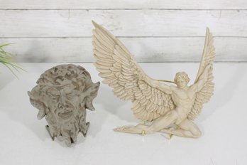 Vintage Wall Plaque & Winged Angel Wall Sculpture Set  Cherub Angel & Green Man Face Decor