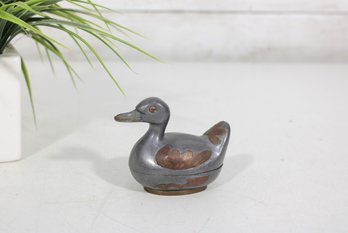 Vintage Duck Shaped Metal Trinket Box  Hinged Lid  Silver Tone With Copper Accents  3' Tall