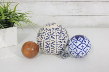 Decorative Sphere Set  Blue & White Ceramic Orbs With Wood Ball & Glass Accent