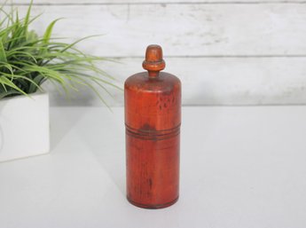 Antique Turned Treenware 2-Part Wooden Bottle Container  Primitive Wood Storage Jar  6.5' Tall