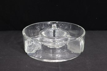 Vintage Heavy Clear Glass Divided Condiment Serving Dish  9' Round  3'H  Chips On Rim