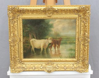 Signed Oil On Canvas Pastoral Cattle Scene, Ornate Gilt Frame