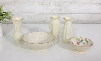 Lenox Ivory China Assorted Lot  Vases, Bowls & Floral Trinket Dish (Gold Trim)