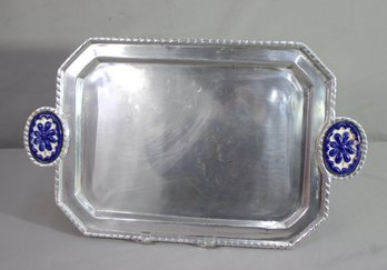 Vintage  Metal Serving Tray With Porcelain Handles Notched Trim