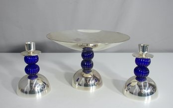 Silver-Plated Cobalt Blue Glass Candleholders & Centerpiece Set