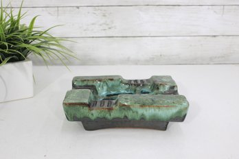 Mid Century Modern Studio Pottery Ashtray  Green Drip Glaze  8' X 7'  2' Tall