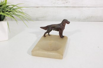 Vintage Metal Hunting Dog Setter Ashtray On Stone Base  Figural Desk Ashtray  4 X 6