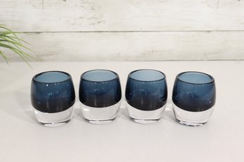 Set Of 4 Vintage Blue & Clear Heavy Glass Tumblers / Whiskey Rocks Glasses  3H