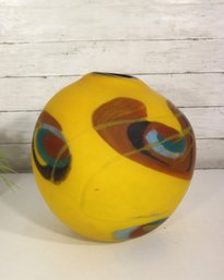 Signed Studio Art Glass Vase  Vibrant Yellow Modern Abstract Pattern  12.5 Tall
