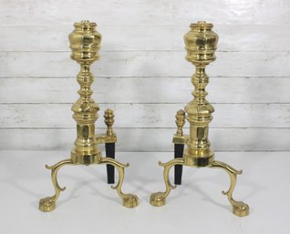 Vintage Federal Style Brass Fireplace Andirons  Branch Foot Design  Gold Tone  18' Tall (Pair)