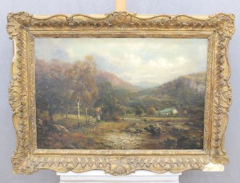 Signed Oil On Canvas Landscape With Figures, Ornate Gilt Frame