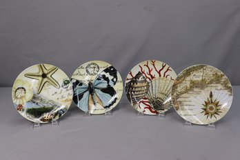 Group Lot Of 4 Pottery Barn Salad Plates - Shell & Coral, Postcard, French Map, Butterfly