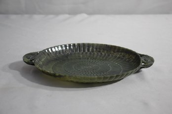 Antique Carved Chinese Spinach Jade Lotus Shallow Bowl/Tray