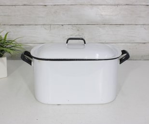 Vintage White Enamel Roasting Pan With Lid & Insert Rack  11' Wide  Black Trim