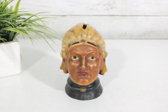 Vintage Chalkware Native American Woman Still Bank  Hand Painted Coin Bank  5.5 Tall