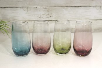 Set Of 4 Hand Blown Crackle Glass Stemless Tumblers  Multi Color  6H