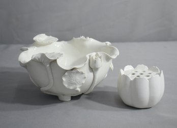 Vintage Chinese Blanc De Chine White Relief Lotus Blossom Vase And Flower Frog Vase