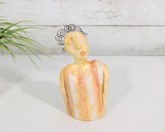 Signed Art Pottery Abstract Female Bust Sculpture W/ Wire Hair  6 Tall