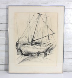 Large Framed Sailboat Charcoal Drawing  Nautical Harbor Scene  32' X 26'
