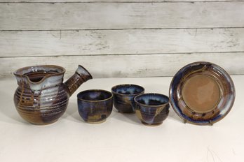 Handcrafted Studio Pottery Tea Set  Pitcher, 3 Cups & Plate  Signed  Rustic Glazed Stoneware