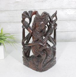 Vintage Balinese Hand Carved Wood Figurine  Musical Deity Sculpture  Intricate Detail  10.5' Tall
