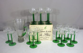 Vintage Luminarc Rhine Wine Glass Set With Pitcher  Green Stem