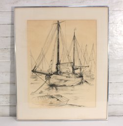 Large Framed Nautical Sailboat Charcoal Drawing  Harbor Scene  32' X 26'