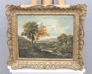 Unsigned Oil On Artist Board River Landscape, Ornate Gilt Frame